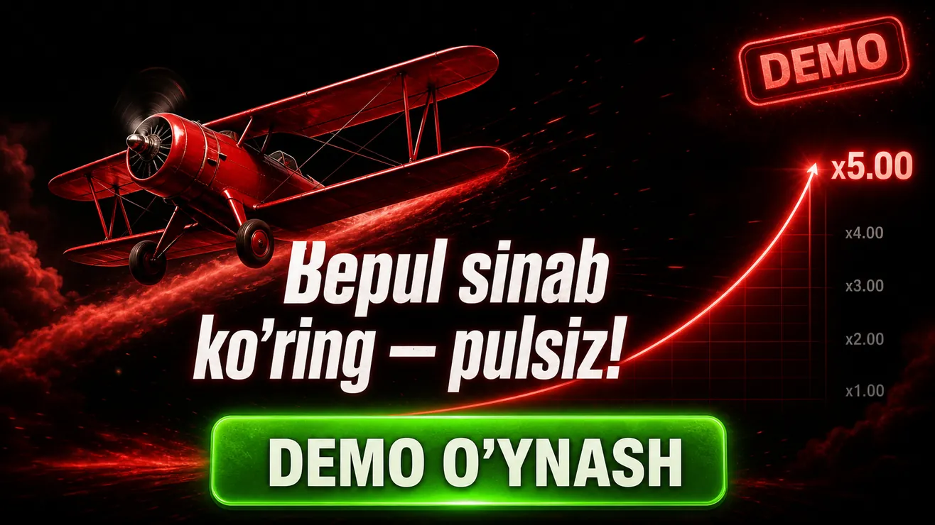 Aviator demo rejimi ekrani — bepul virtual pul bilan o'yin